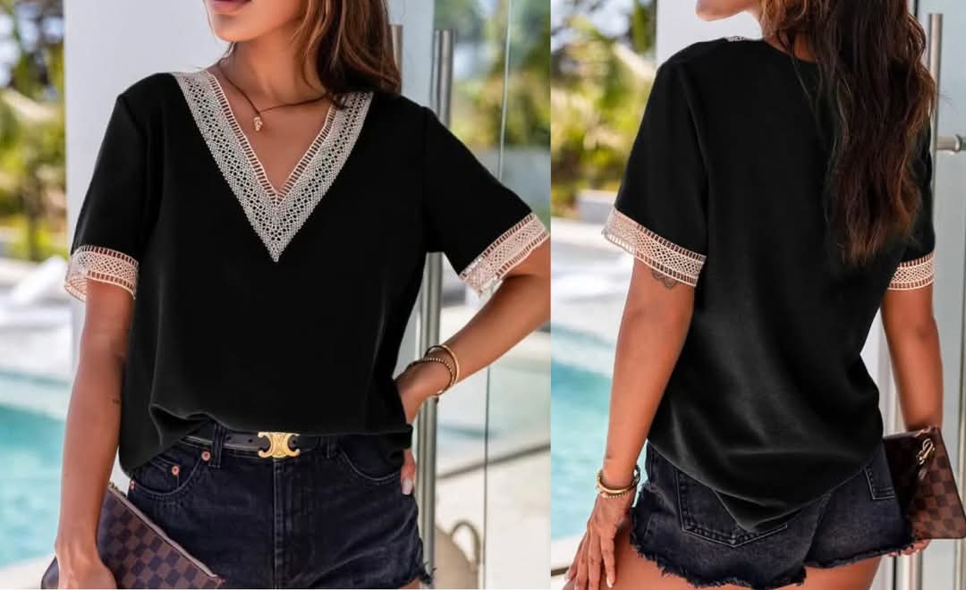 Black Lace Trim V Neck Short Sleeve Blouse Presale