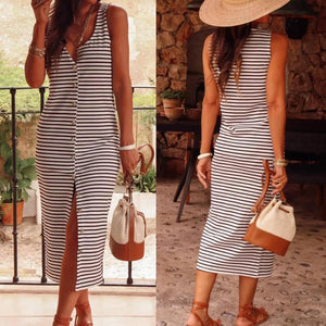 White Striped Print Sleeveless Buttoned Maxi Dress Presale