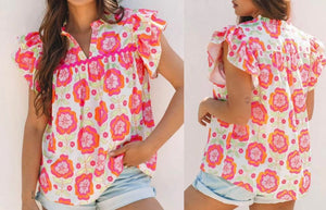 Rose Floral Ruffled Sleeve Ric-rac Trim Split Neck Loose Blouse Presale