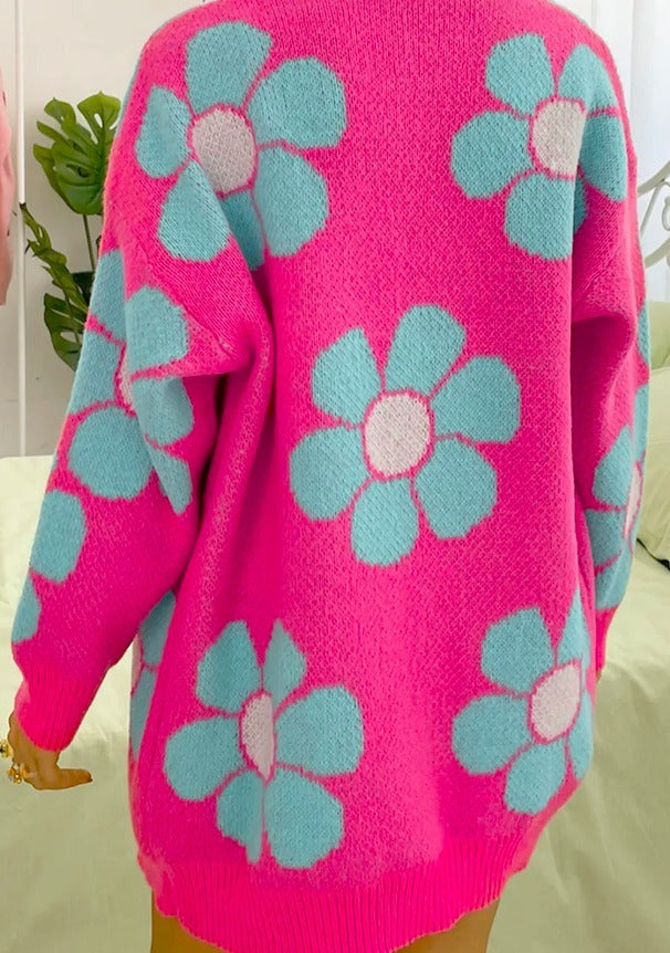 Strawberry Pink Floral Print Button up Knitted Cardigan Presale