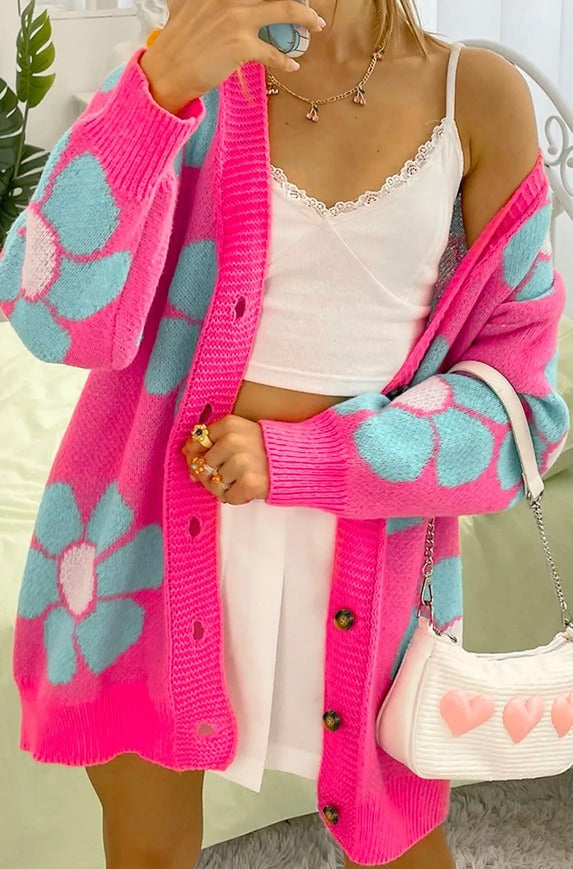 Strawberry Pink Floral Print Button up Knitted Cardigan Presale