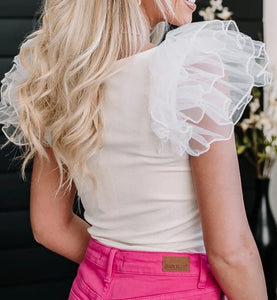 White Ribbed Puff Sleeves Plus Bodysuit Presale