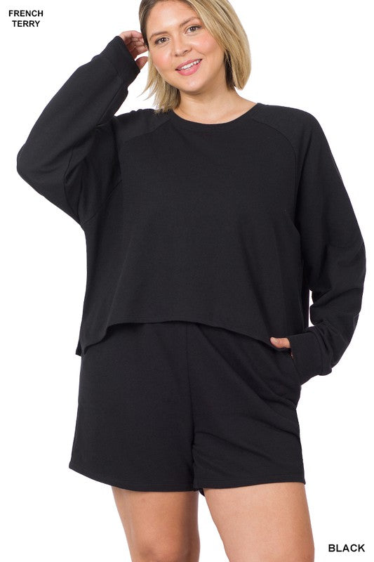 PLUS F/TERRY RAGLAN SLEEVE OVERSIZED TOP & SHORTS