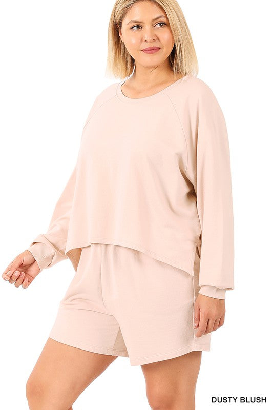 PLUS F/TERRY RAGLAN SLEEVE OVERSIZED TOP & SHORTS