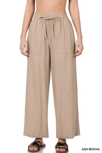 Linen Drawstring Waist Pants with Pockets