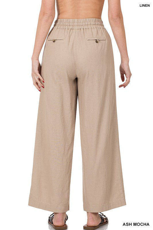 Linen Drawstring Waist Pants with Pockets