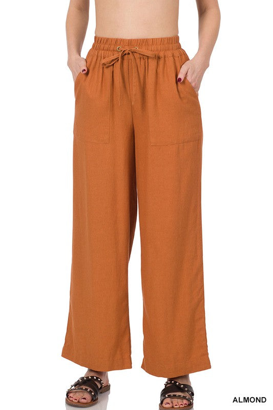 Linen Drawstring Waist Pants with Pockets