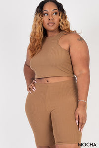 Curvy Plus Ribbed Cropped Tank Biker Shorts Set - MULTI COLORS