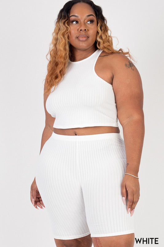 Curvy Plus Ribbed Cropped Tank Biker Shorts Set - MULTI COLORS