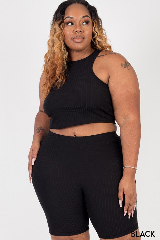 Curvy Plus Ribbed Cropped Tank Biker Shorts Set - MULTI COLORS