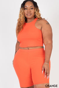 Curvy Plus Ribbed Cropped Tank Biker Shorts Set - MULTI COLORS