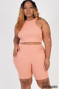 Curvy Plus Ribbed Cropped Tank Biker Shorts Set - MULTI COLORS