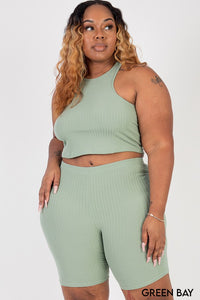 Curvy Plus Ribbed Cropped Tank Biker Shorts Set - MULTI COLORS