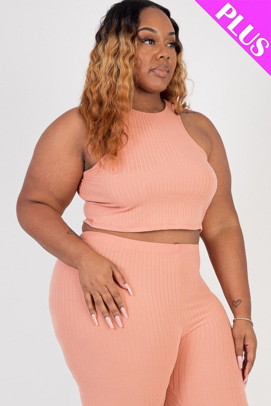 Curvy Plus Ribbed Cropped Tank Biker Shorts Set - MULTI COLORS