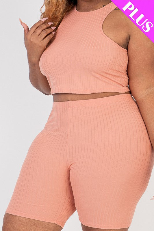 Curvy Plus Ribbed Cropped Tank Biker Shorts Set - MULTI COLORS