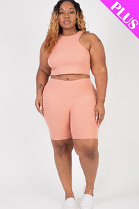 Curvy Plus Ribbed Cropped Tank Biker Shorts Set - MULTI COLORS