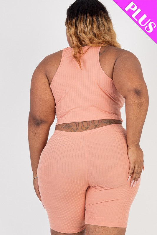 Curvy Plus Ribbed Cropped Tank Biker Shorts Set - MULTI COLORS