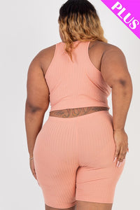 Curvy Plus Ribbed Cropped Tank Biker Shorts Set - MULTI COLORS