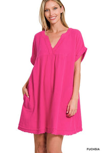 GAUZE ROLLED SHORT SLEEVE RAW EDGE V-NECK DRESS