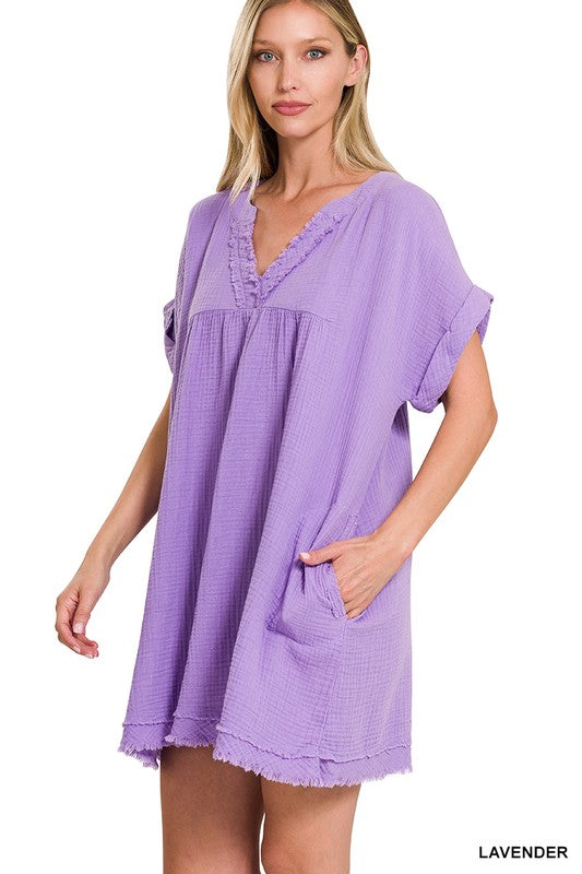 GAUZE ROLLED SHORT SLEEVE RAW EDGE V-NECK DRESS