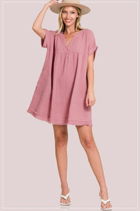 GAUZE ROLLED SHORT SLEEVE RAW EDGE V-NECK DRESS