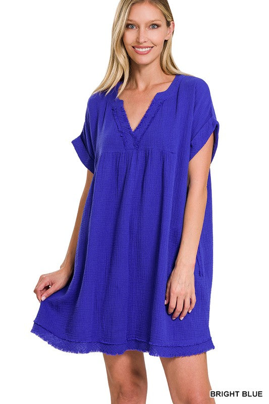 GAUZE ROLLED SHORT SLEEVE RAW EDGE V-NECK DRESS