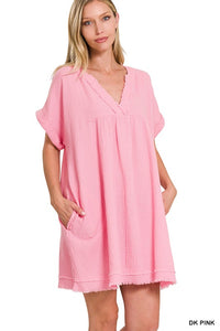 GAUZE ROLLED SHORT SLEEVE RAW EDGE V-NECK DRESS