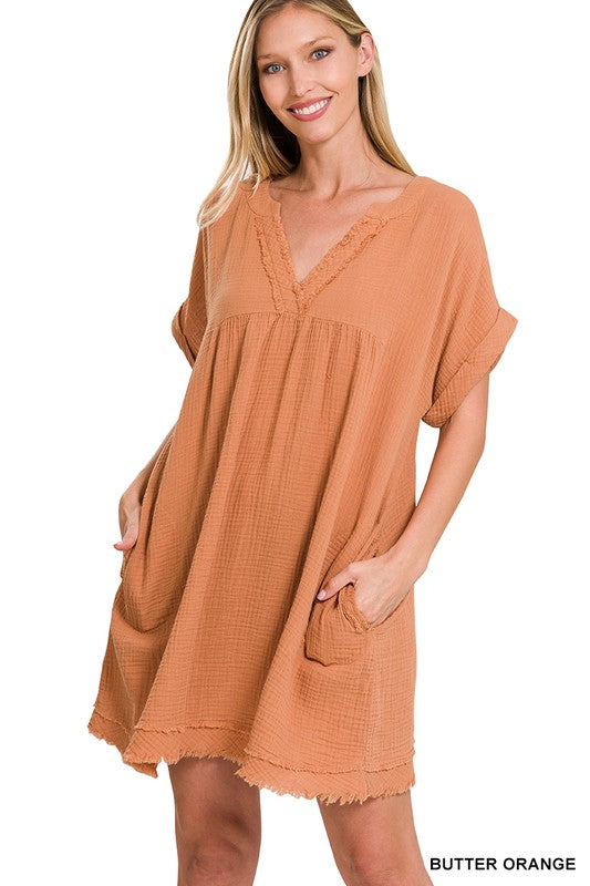 GAUZE ROLLED SHORT SLEEVE RAW EDGE V-NECK DRESS