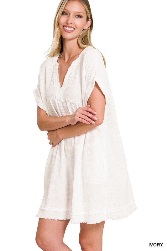 GAUZE ROLLED SHORT SLEEVE RAW EDGE V-NECK DRESS