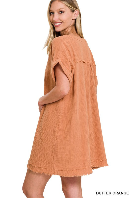 GAUZE ROLLED SHORT SLEEVE RAW EDGE V-NECK DRESS