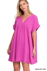 GAUZE ROLLED SHORT SLEEVE RAW EDGE V-NECK DRESS