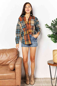 Plaid Curved Hem Shirt Jacket with Pockets