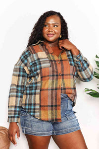 Plaid Curved Hem Shirt Jacket with Pockets