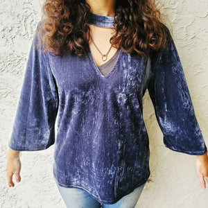 Navy Charcoal Key Hole Velvet Design Blouse