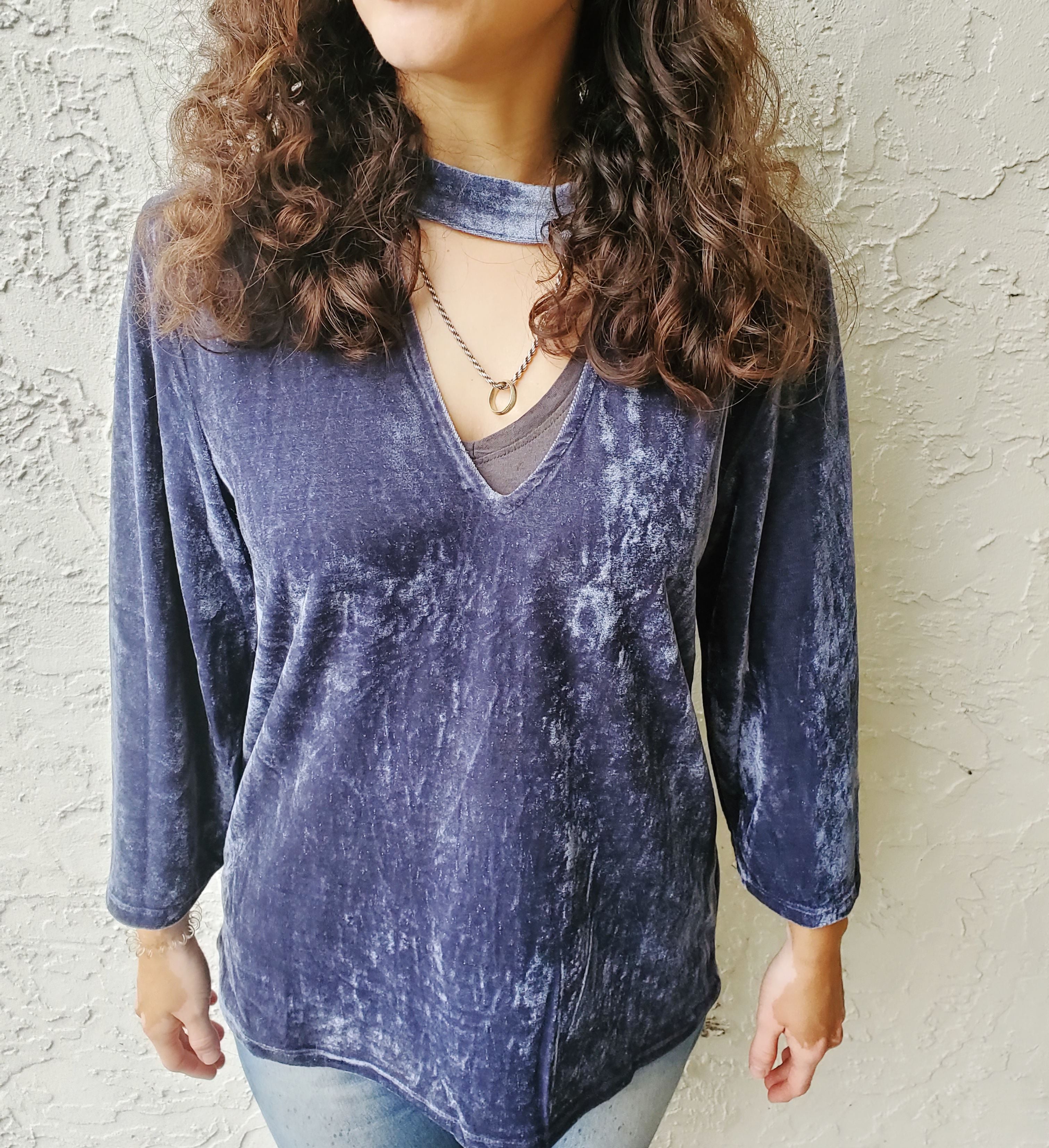 Navy Charcoal Key Hole Velvet Design Blouse