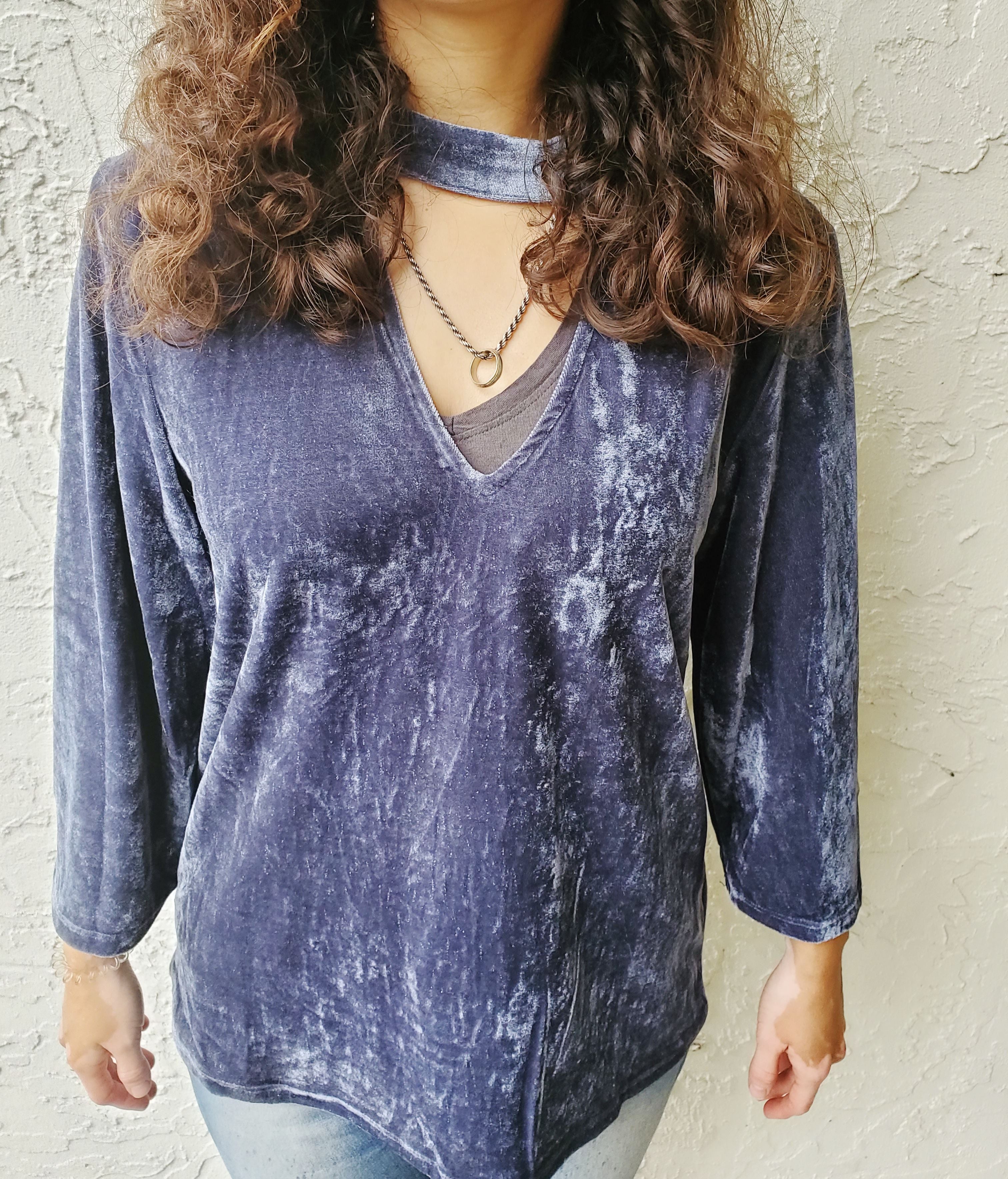 Navy Charcoal Key Hole Velvet Design Blouse