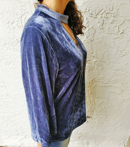Navy Charcoal Key Hole Velvet Design Blouse