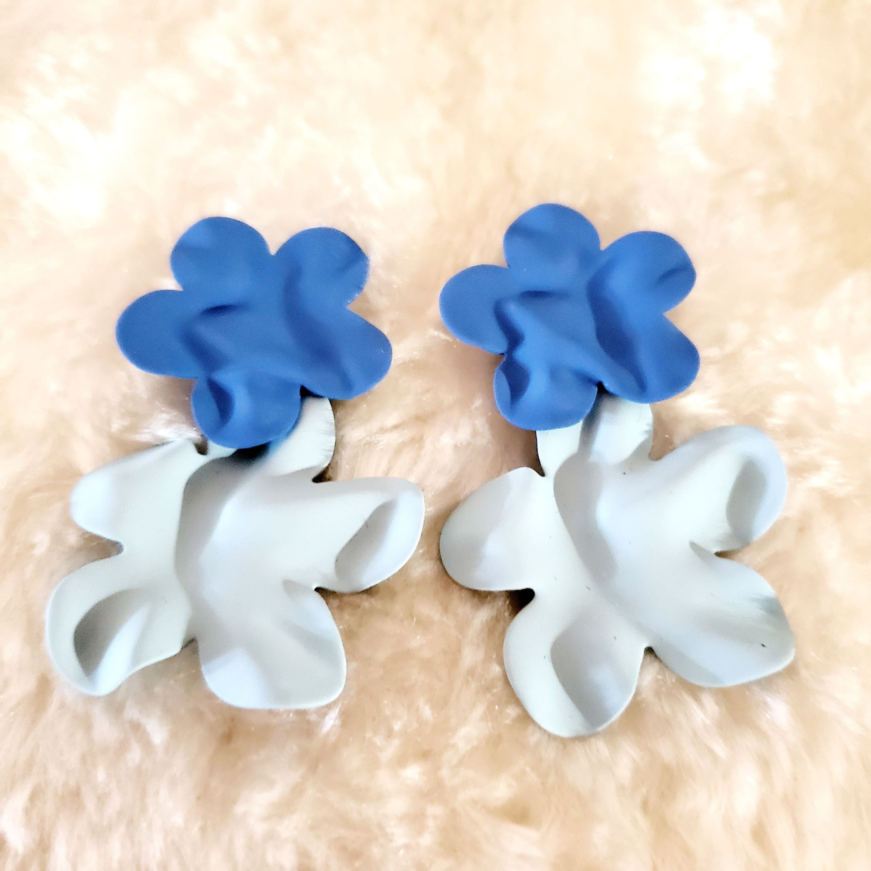 Sterling Silver Needle Blue Floral Dangle Earrings
