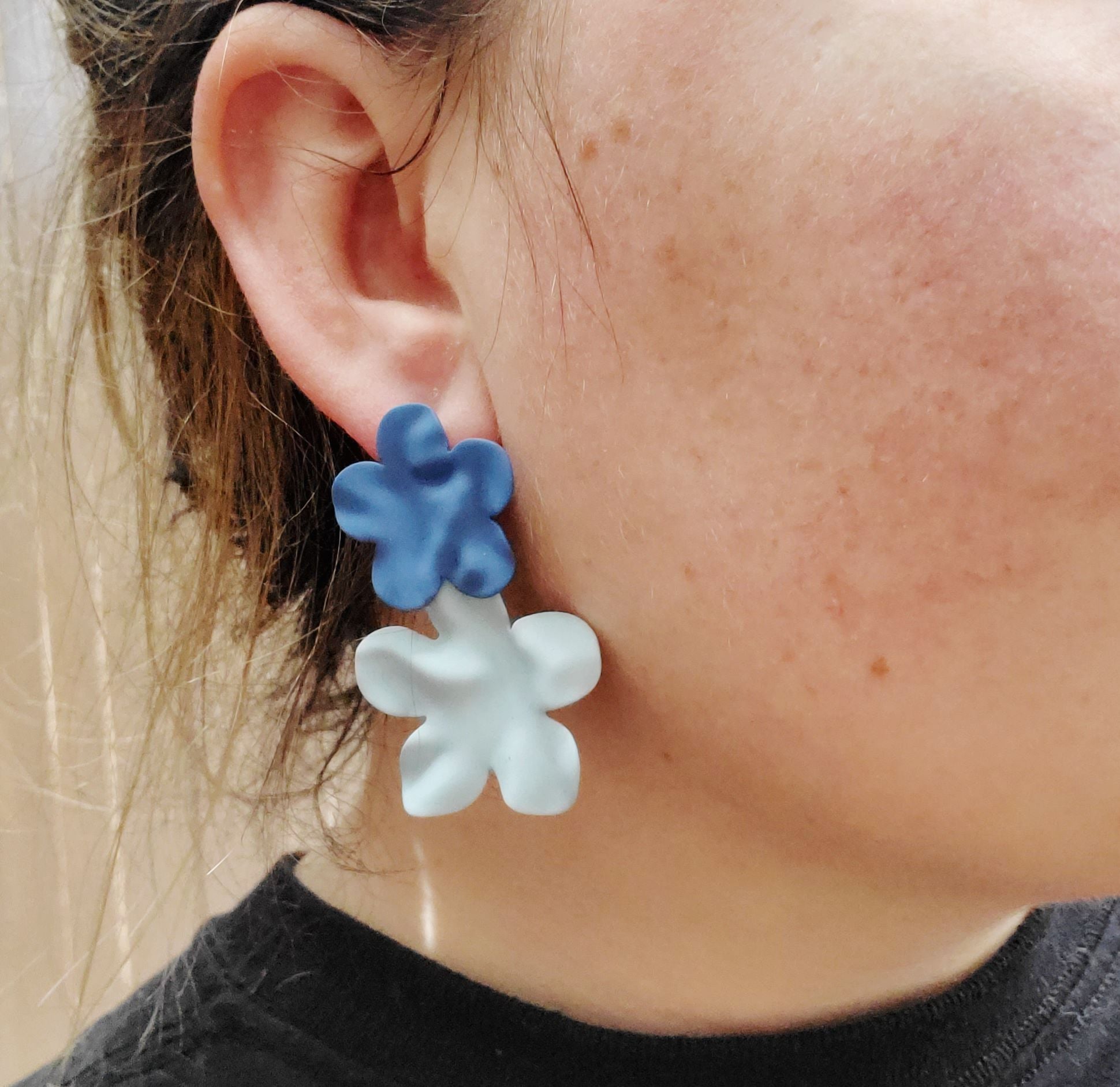 Sterling Silver Needle Blue Floral Dangle Earrings