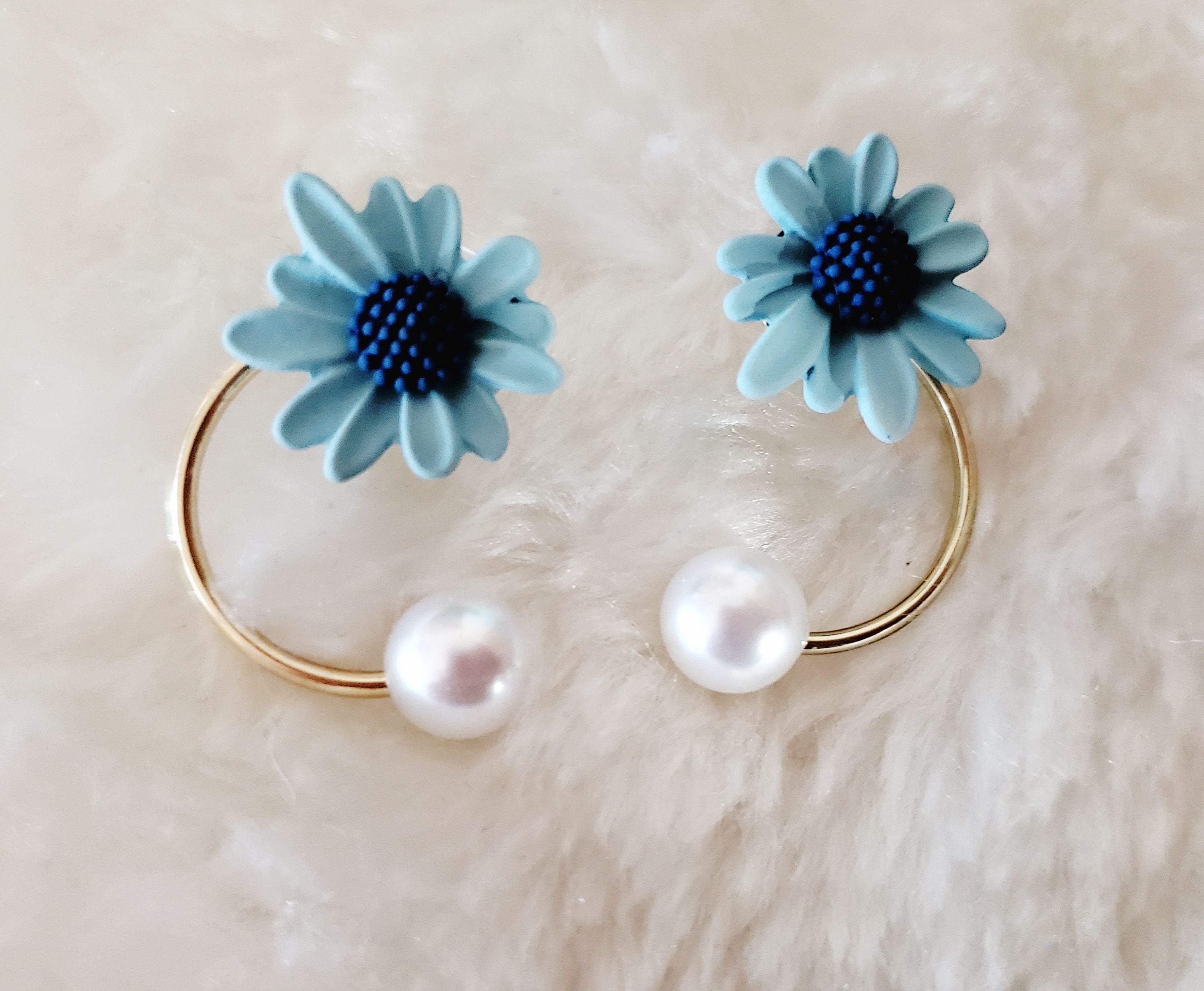 Sterling Silver Daisy Pearl Hook Earrings