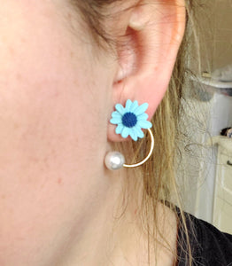 Sterling Silver Daisy Pearl Hook Earrings