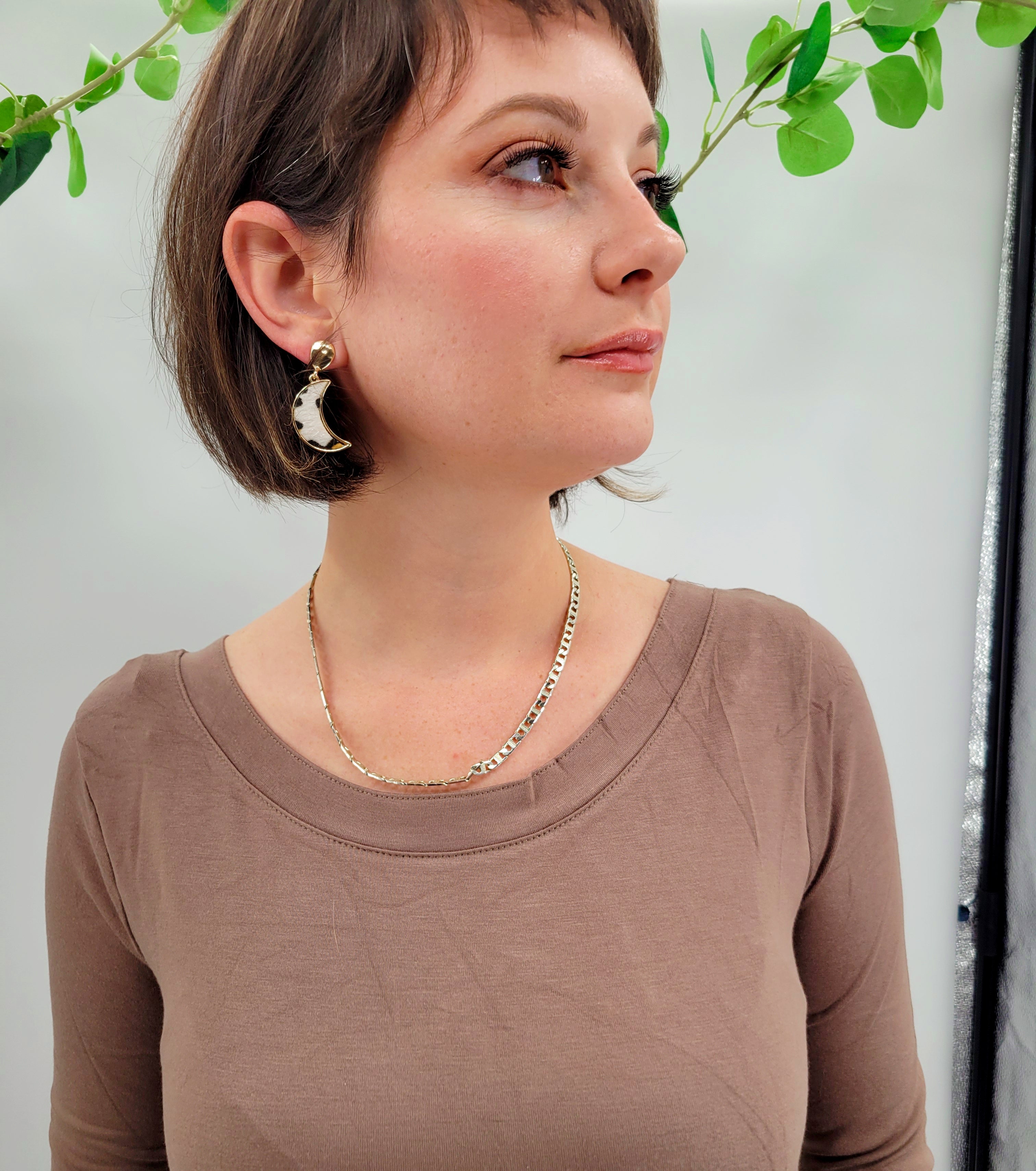 Snow Leopard Crescent Moon Earrings