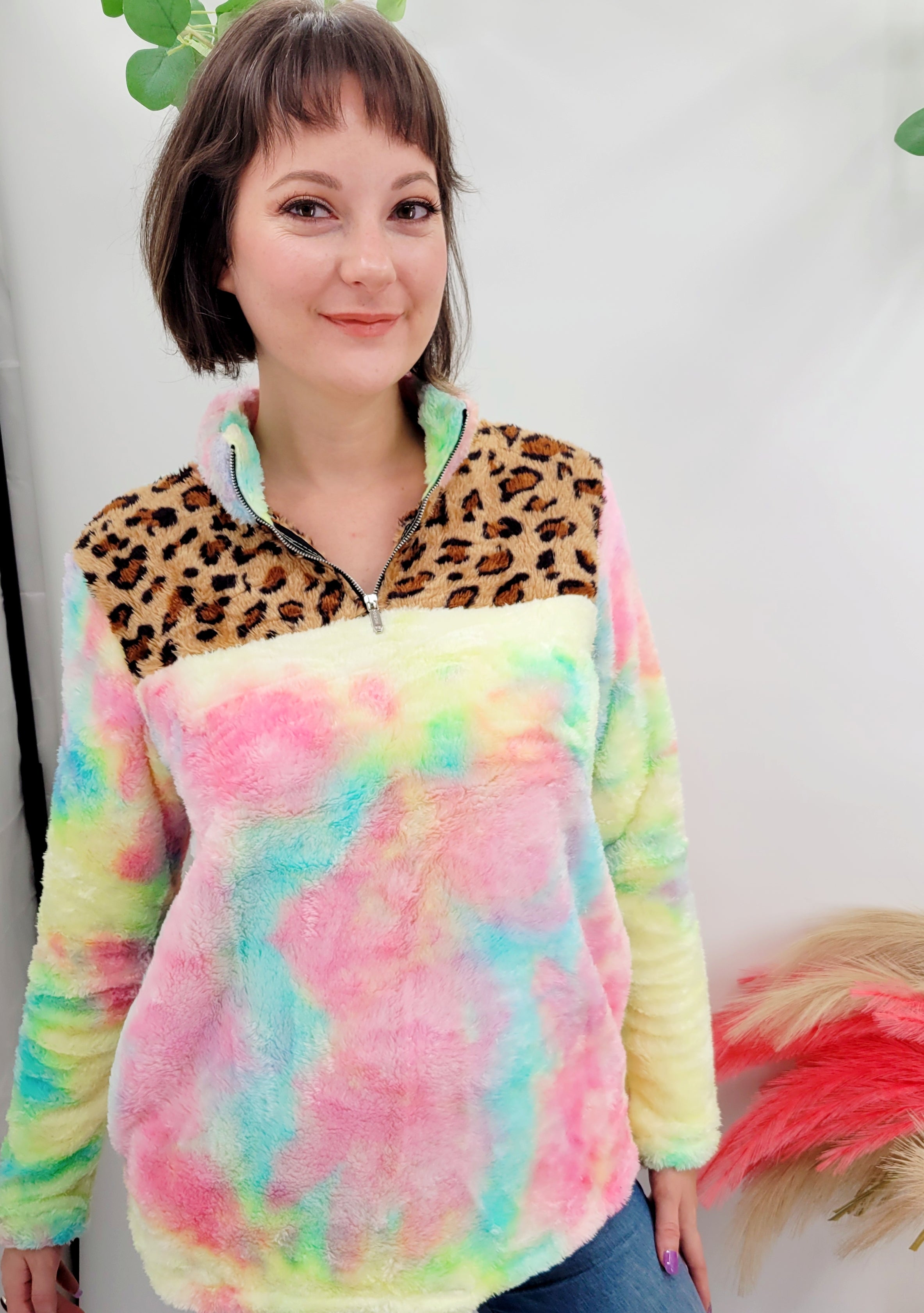 Chasing Sunset Tie Dye Leopard Quarter Zip Sherpa