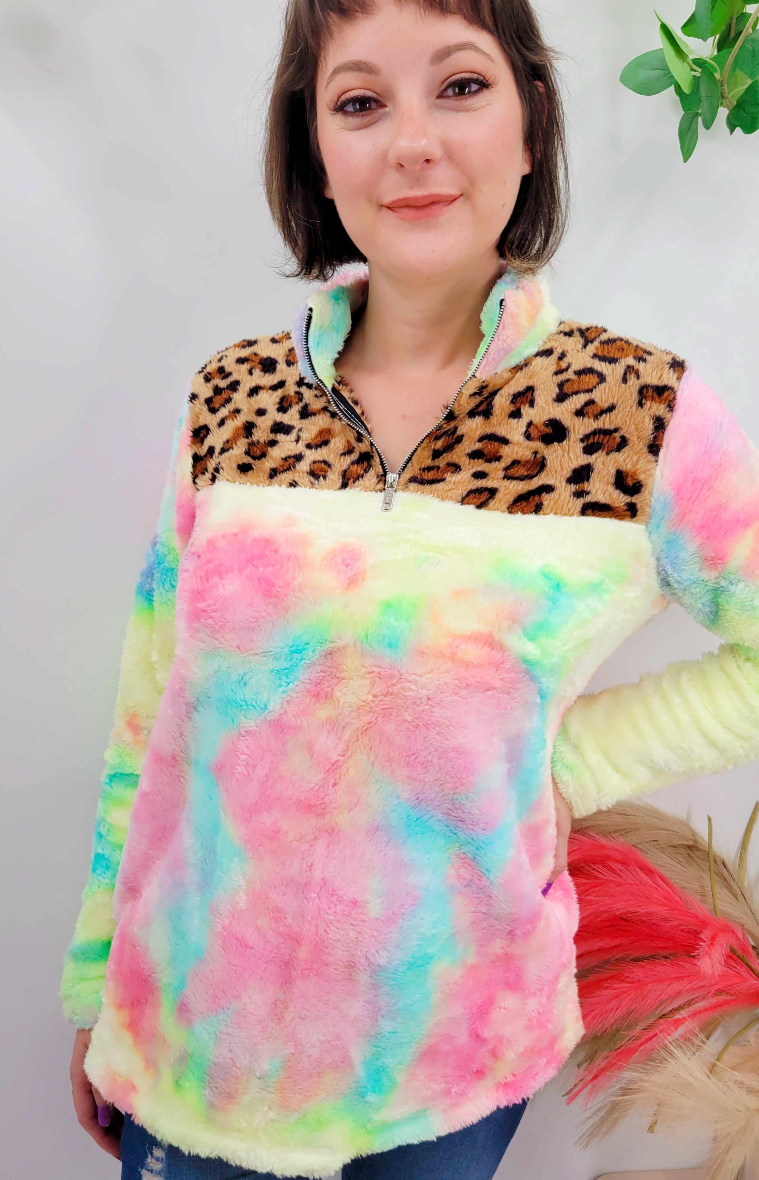 Chasing Sunset Tie Dye Leopard Quarter Zip Sherpa
