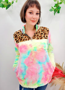 Chasing Sunset Tie Dye Leopard Quarter Zip Sherpa