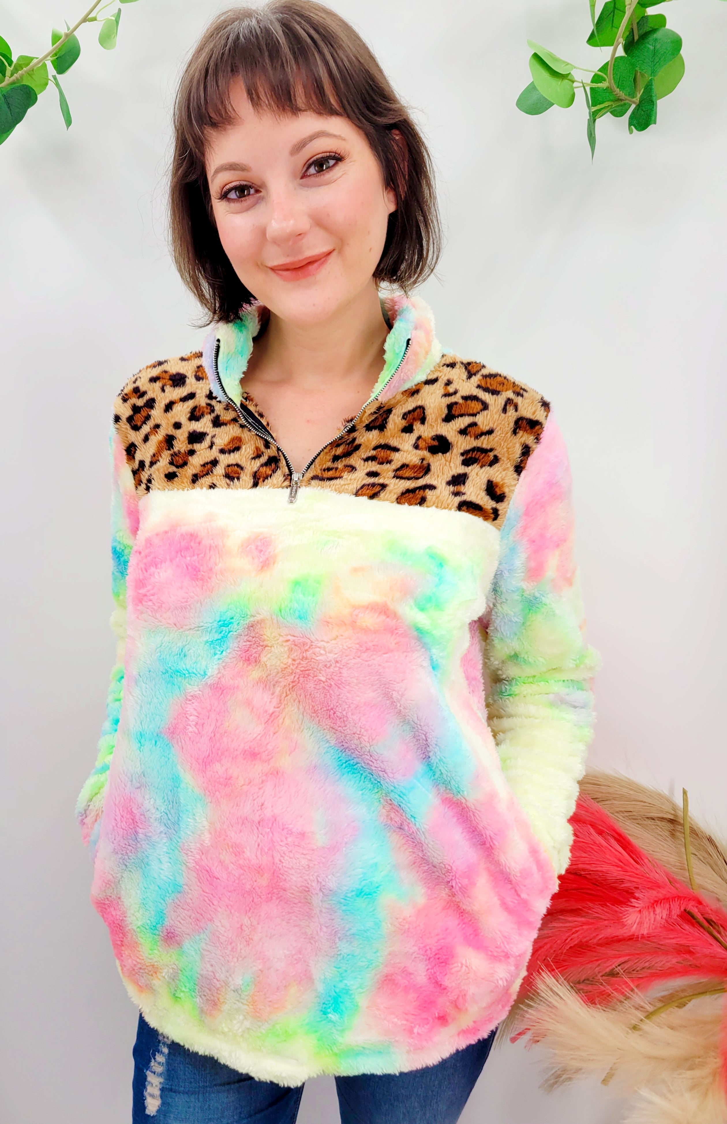 Chasing Sunset Tie Dye Leopard Quarter Zip Sherpa