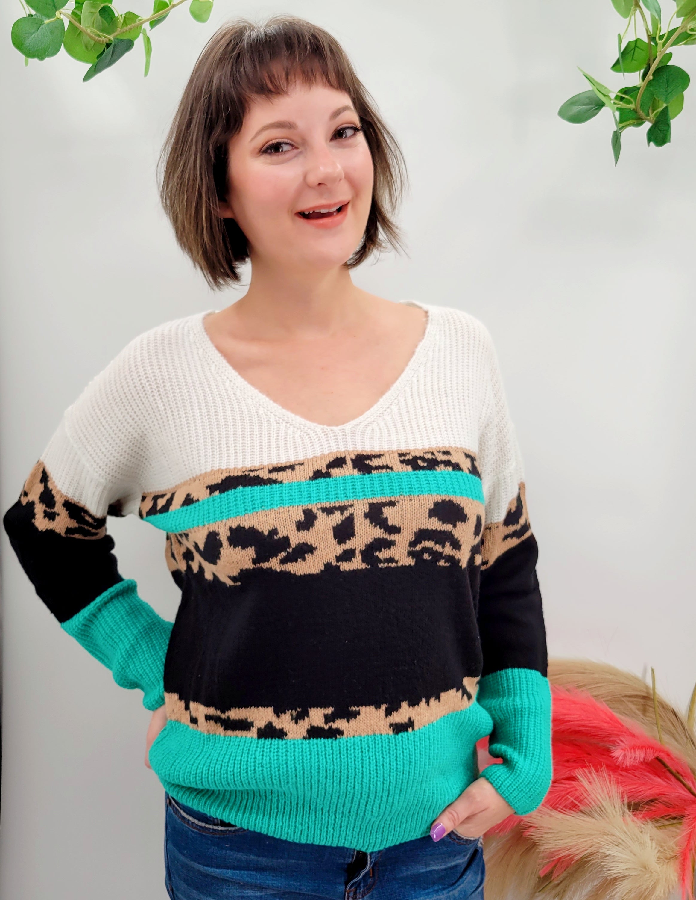 Leopard V Neck Turquoise Sweater