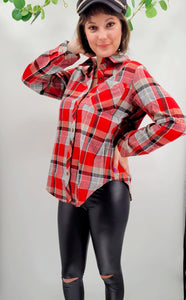 Red Button Up Blouse with Pockets