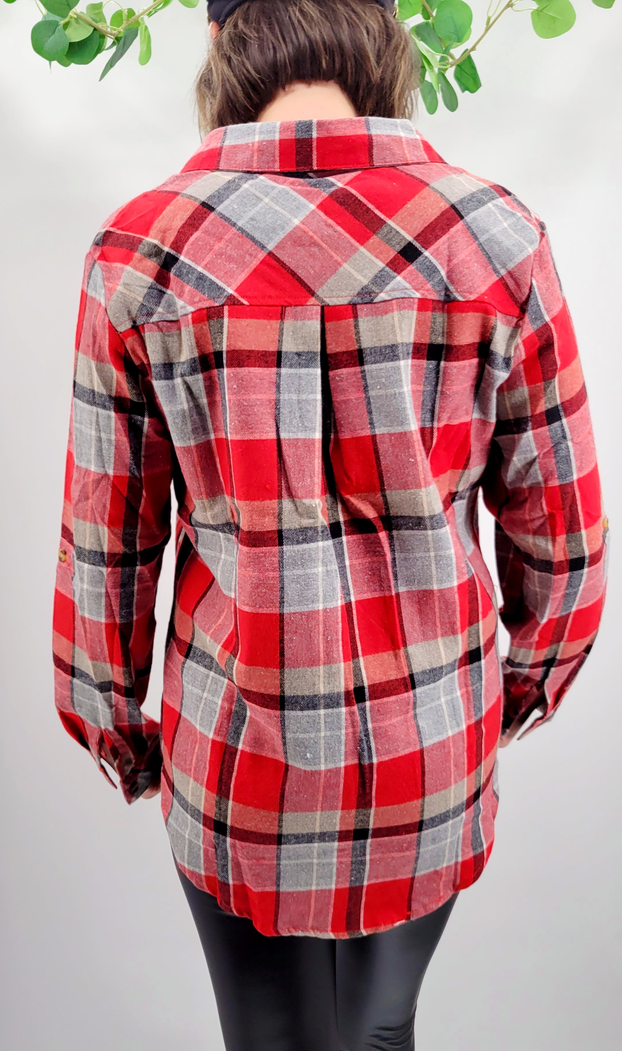Red Button Up Blouse with Pockets