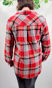 Red Button Up Blouse with Pockets
